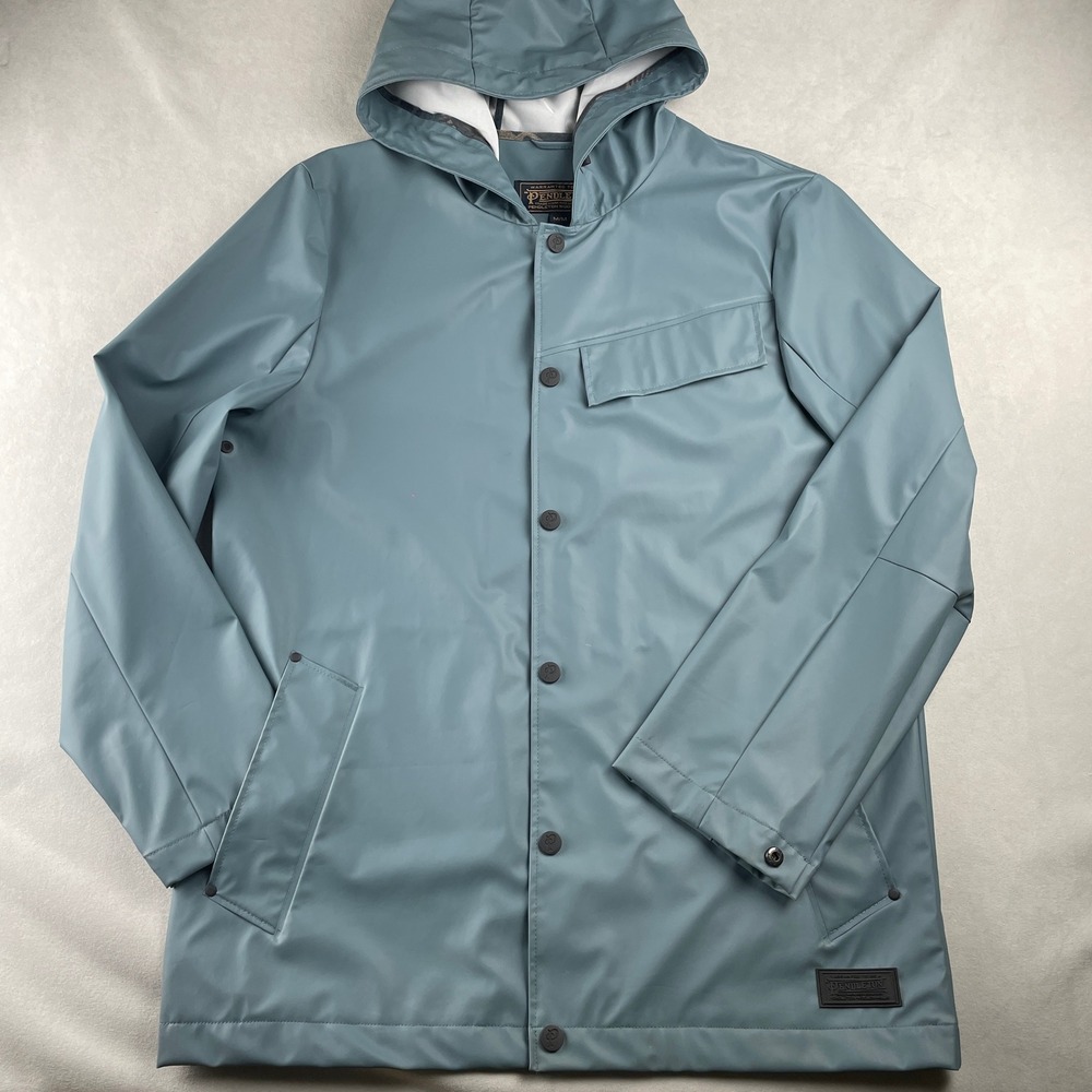 Pendleton Hooded Raincoat Jacket Blue Mens M PU Waterproof Snap Front‎ Pockets